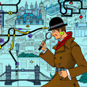 Detective with magnifying glass checking a circuit-like city