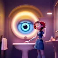 Girl in bathroom. Big eye in mirror.