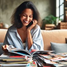 Lady enjoying lots of magazines