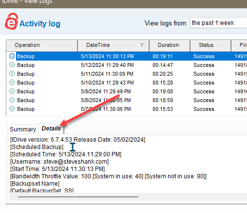 iDrive log details