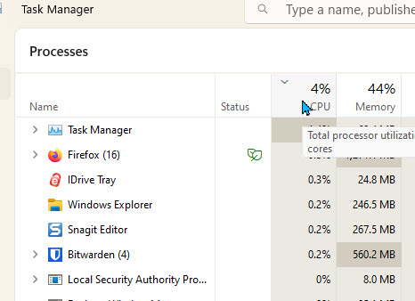 task manager sorted by cpu