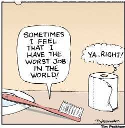 Tooth brush complaining to toilet paper about his bad job