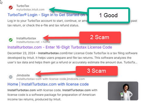 3 search results. 1 good, 2 scams