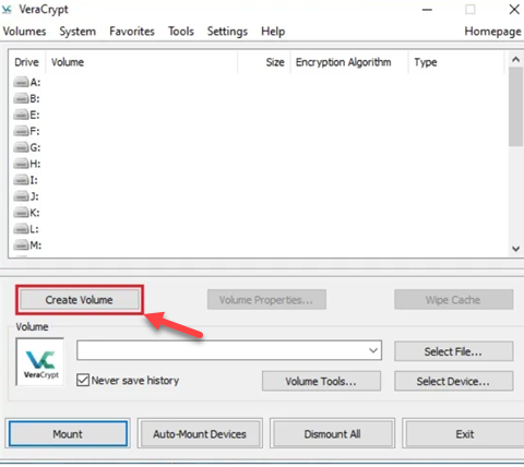 Main Veracrypt menu