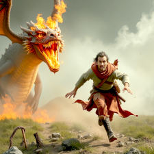 Man being chased by fierce dragon