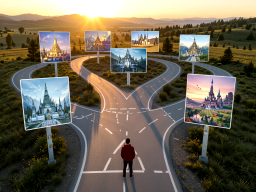 Man at many crossroads to various places