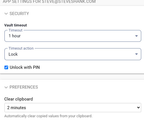 Bitwarden app security settings
