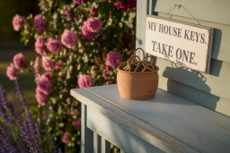 basket with keys and sign on house saying: My house Keys, Take one
