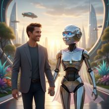 Woman chatting with robot