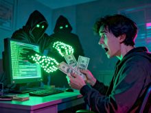 Young man getting money sucked into computer by phantoms