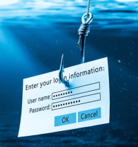 A fish hook with a card asking for name and password