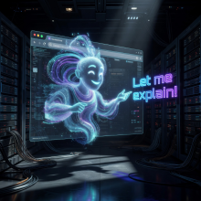Genie coming out of computer to explain