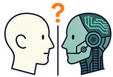 Robot and human heads facing each other with ?